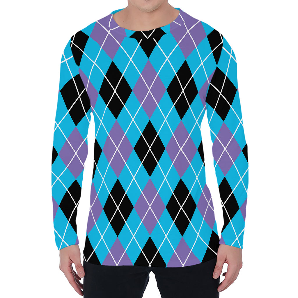 Blue Black And Purple Argyle Print Men's Long Sleeve T-Shirt
