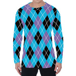 Blue Black And Purple Argyle Print Men's Long Sleeve T-Shirt