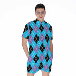 Blue Black And Purple Argyle Print Men's Rompers