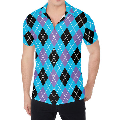 Blue Black And Purple Argyle Print Men's Shirt