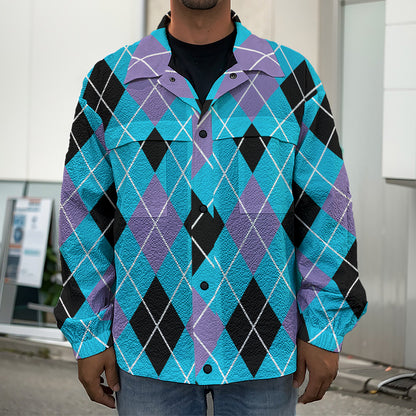 Blue Black And Purple Argyle Print Men's Shirt Jacket