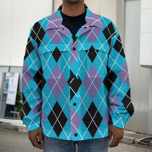 Blue Black And Purple Argyle Print Men's Shirt Jacket