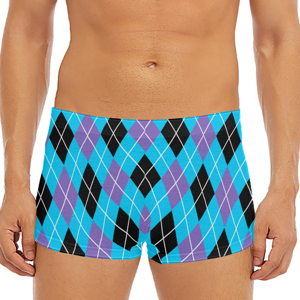 Blue Black And Purple Argyle Print Men's Short Boxer Briefs