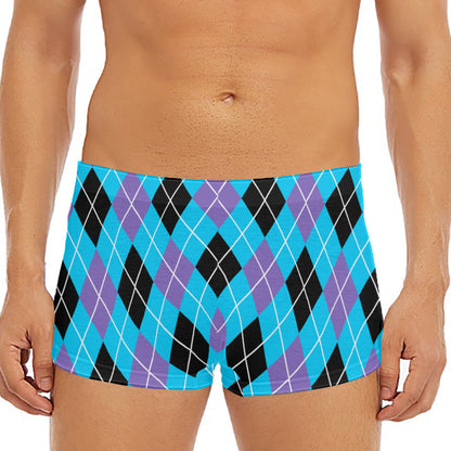Blue Black And Purple Argyle Print Men's Short Boxer Briefs