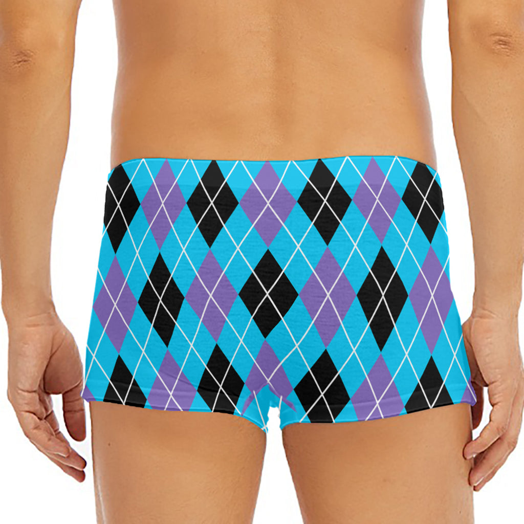 Blue Black And Purple Argyle Print Men's Short Boxer Briefs