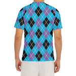 Blue Black And Purple Argyle Print Men's Short Sleeve Rash Guard