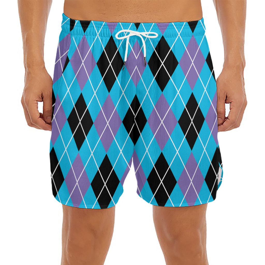 Blue Black And Purple Argyle Print Men's Split Running Shorts