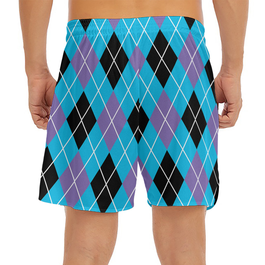 Blue Black And Purple Argyle Print Men's Split Running Shorts