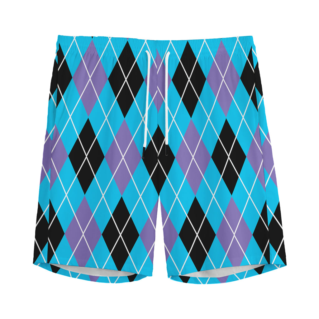 Blue Black And Purple Argyle Print Men's Sports Shorts