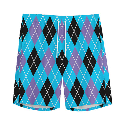 Blue Black And Purple Argyle Print Men's Sports Shorts