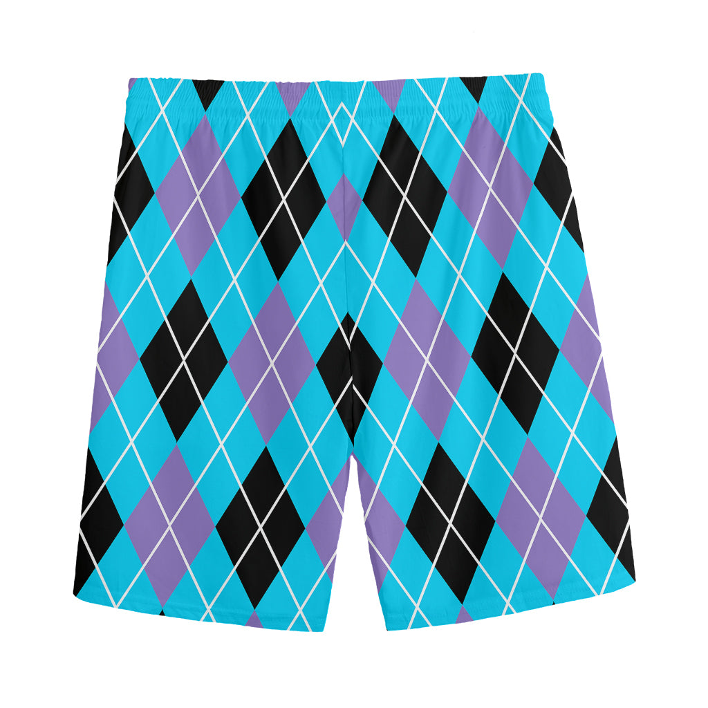 Blue Black And Purple Argyle Print Men's Sports Shorts