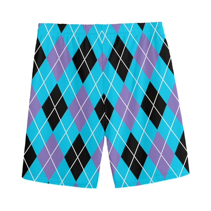 Blue Black And Purple Argyle Print Men's Sports Shorts