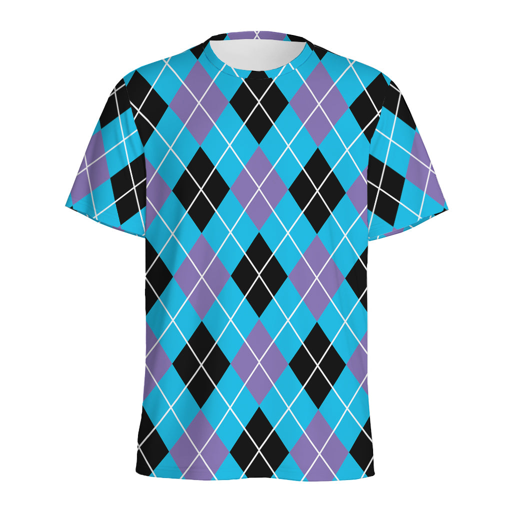 Blue Black And Purple Argyle Print Men's Sports T-Shirt