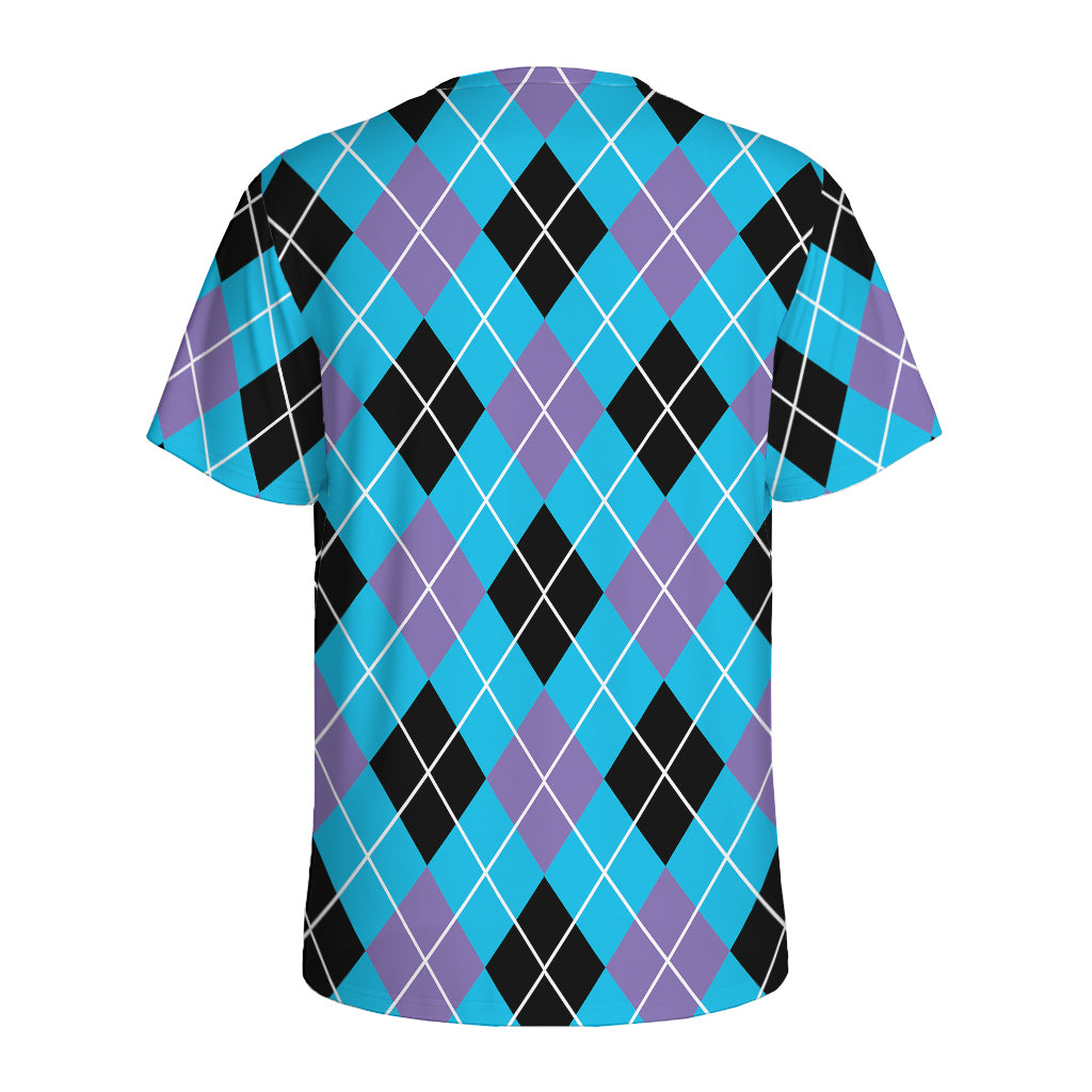 Blue Black And Purple Argyle Print Men's Sports T-Shirt