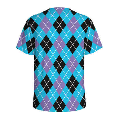 Blue Black And Purple Argyle Print Men's Sports T-Shirt