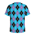 Blue Black And Purple Argyle Print Men's Sports T-Shirt