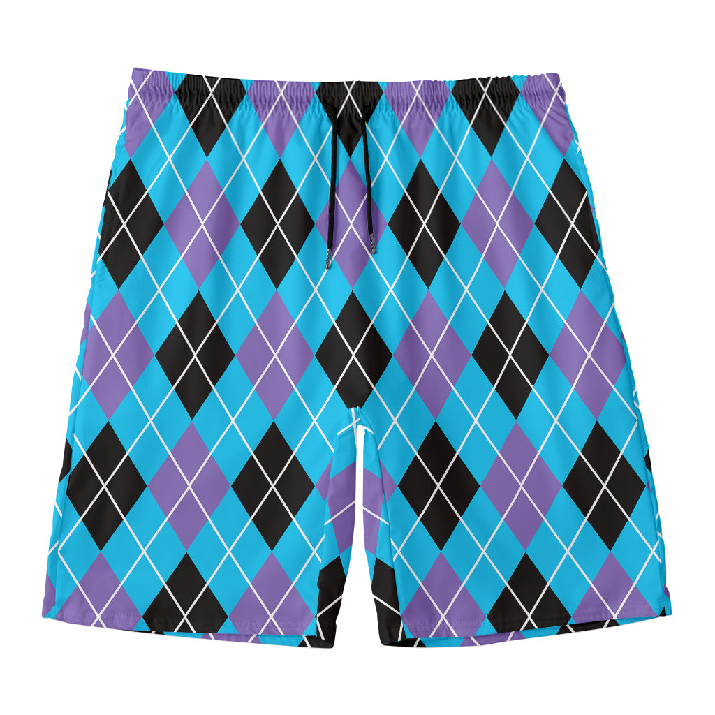 Blue Black And Purple Argyle Print Men's Swim Trunks
