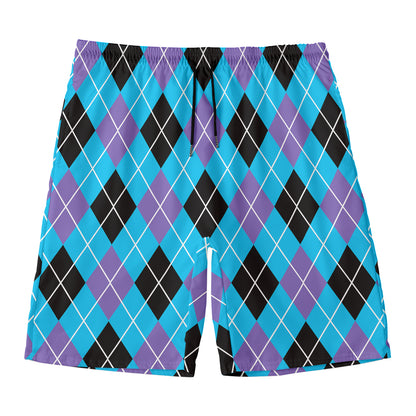 Blue Black And Purple Argyle Print Men's Swim Trunks
