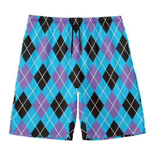 Blue Black And Purple Argyle Print Men's Swim Trunks