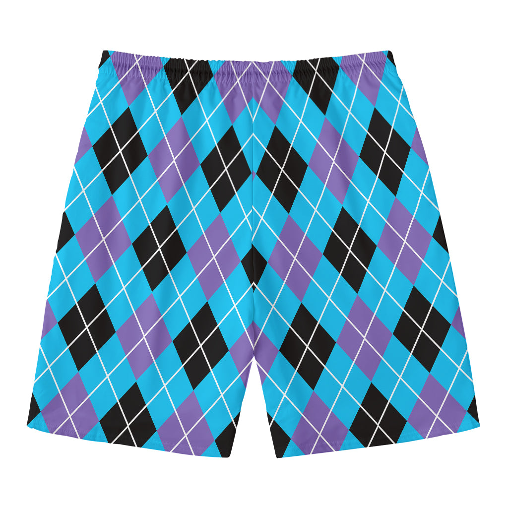 Blue Black And Purple Argyle Print Men's Swim Trunks