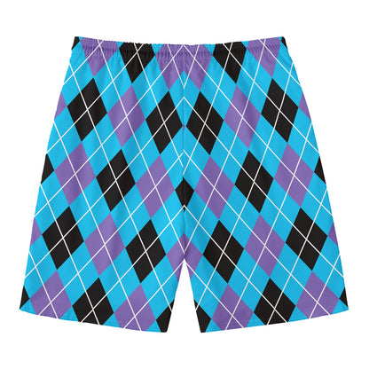 Blue Black And Purple Argyle Print Men's Swim Trunks