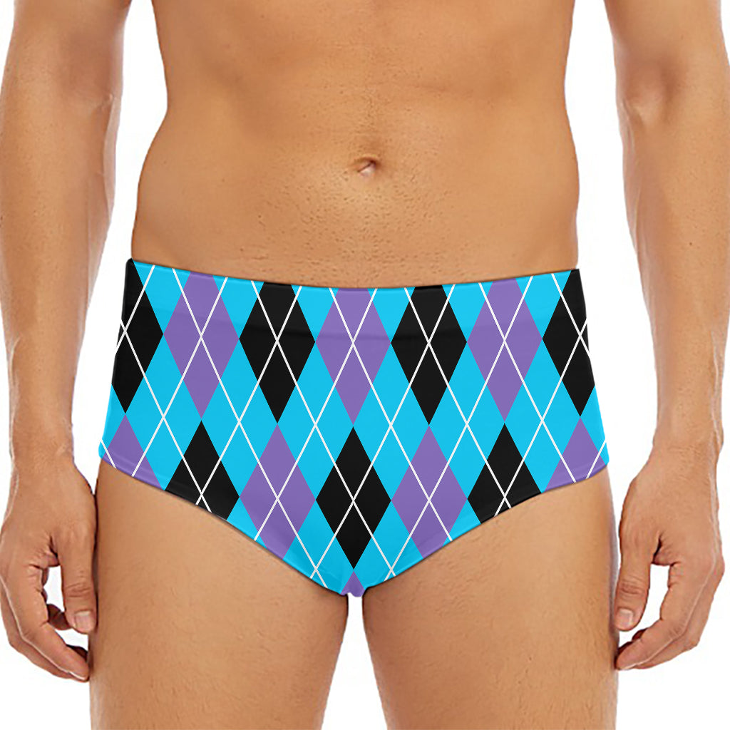 Blue Black And Purple Argyle Print Men's Triangle Swim Briefs