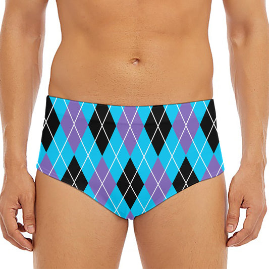 Blue Black And Purple Argyle Print Men's Triangle Swim Briefs
