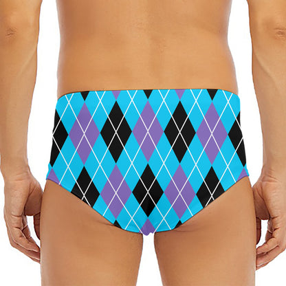 Blue Black And Purple Argyle Print Men's Triangle Swim Briefs