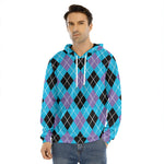 Blue Black And Purple Argyle Print Men's Velvet Pullover Hoodie