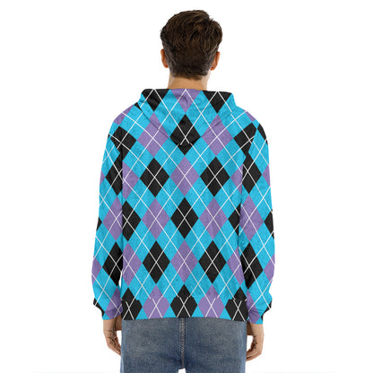 Blue Black And Purple Argyle Print Men's Velvet Pullover Hoodie
