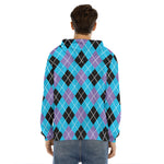 Blue Black And Purple Argyle Print Men's Velvet Pullover Hoodie