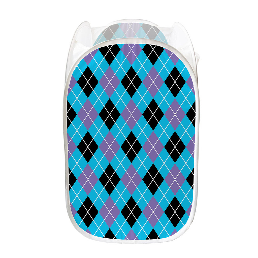 Blue Black And Purple Argyle Print Mesh Laundry Hamper