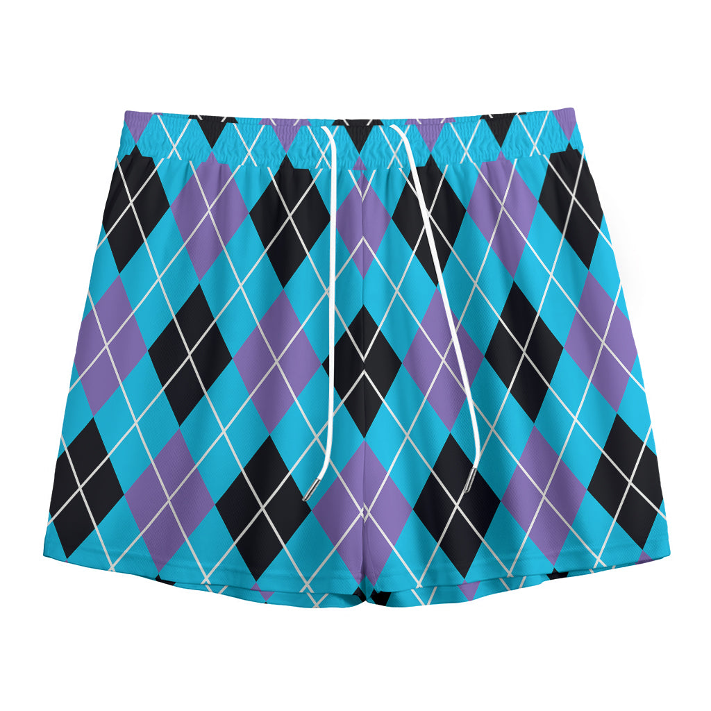 Blue Black And Purple Argyle Print Mesh Shorts