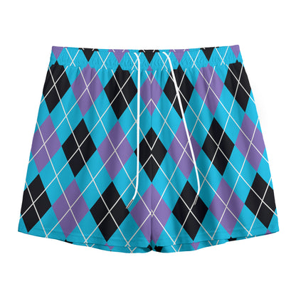 Blue Black And Purple Argyle Print Mesh Shorts