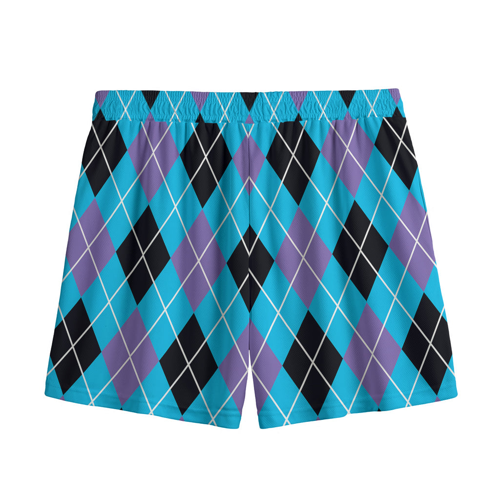 Blue Black And Purple Argyle Print Mesh Shorts