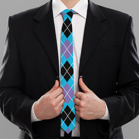 Blue Black And Purple Argyle Print Necktie