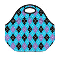 Blue Black And Purple Argyle Print Neoprene Lunch Bag