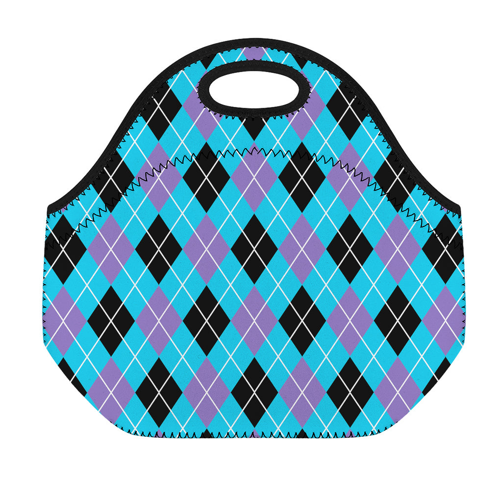 Blue Black And Purple Argyle Print Neoprene Lunch Bag