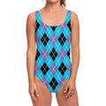 Blue Black And Purple Argyle Print One Piece Swimsuit