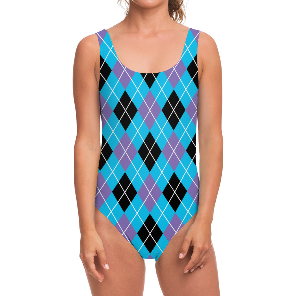 Blue Black And Purple Argyle Print One Piece Swimsuit