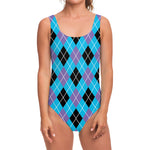 Blue Black And Purple Argyle Print One Piece Swimsuit
