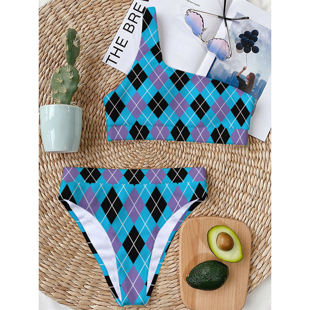 Blue Black And Purple Argyle Print One Shoulder Bikini Top