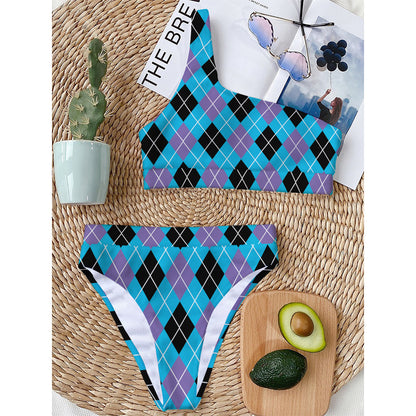 Blue Black And Purple Argyle Print One Shoulder Bikini Top