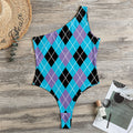 Blue Black And Purple Argyle Print One Shoulder Bodysuit