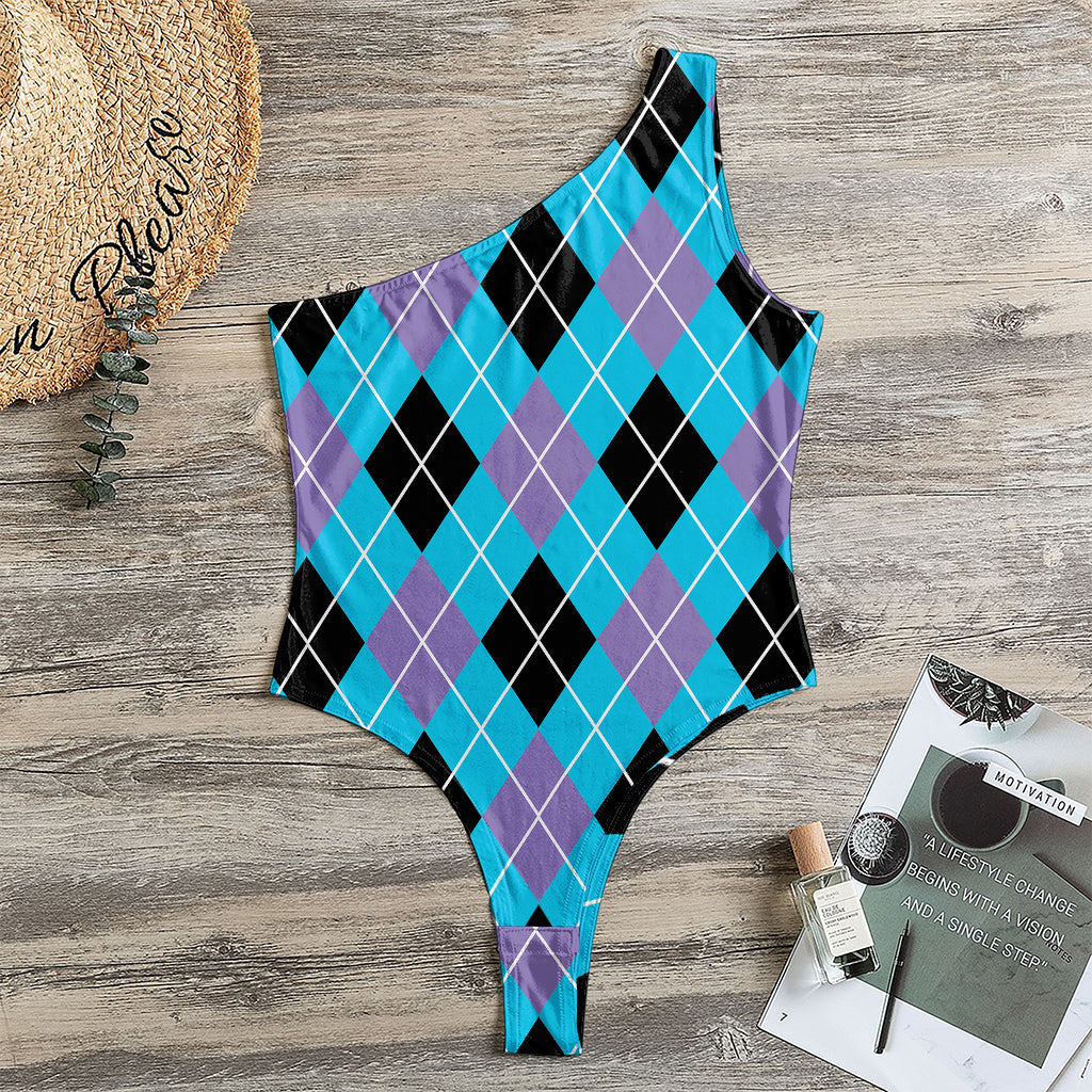 Blue Black And Purple Argyle Print One Shoulder Bodysuit