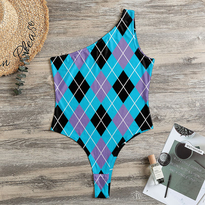 Blue Black And Purple Argyle Print One Shoulder Bodysuit