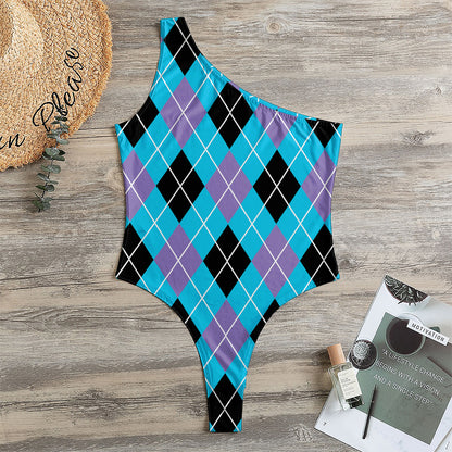Blue Black And Purple Argyle Print One Shoulder Bodysuit
