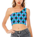 Blue Black And Purple Argyle Print One Shoulder Crop Top