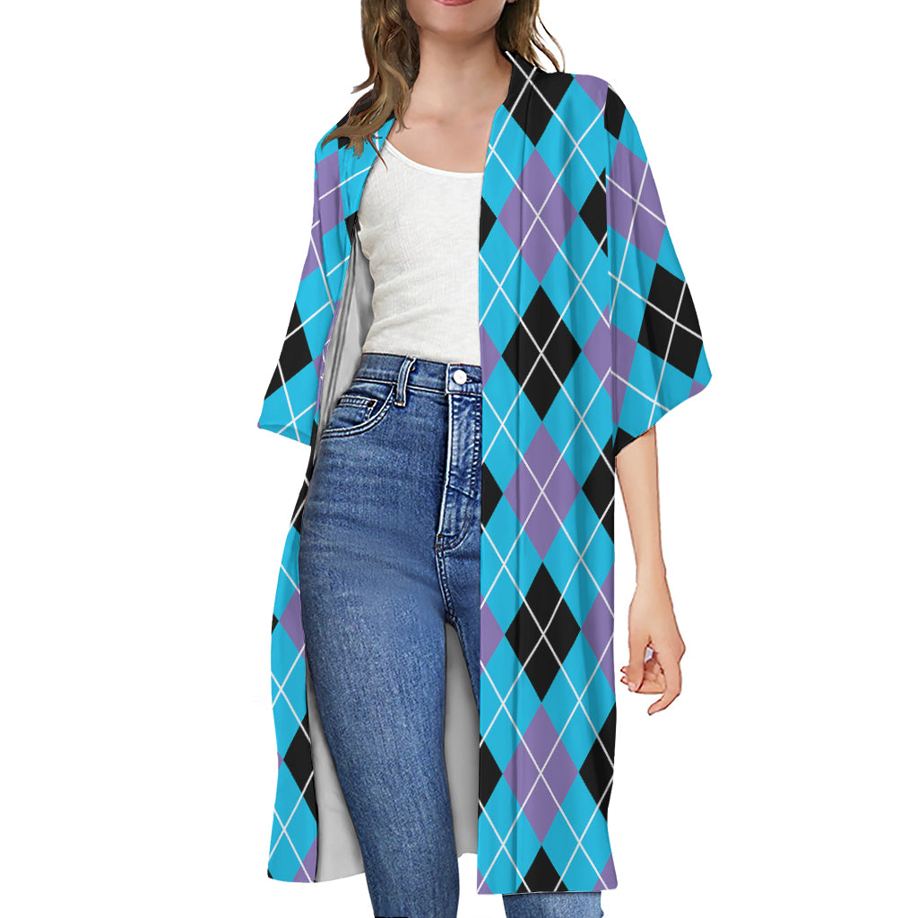 Blue Black And Purple Argyle Print Open Front Beach Cover Up