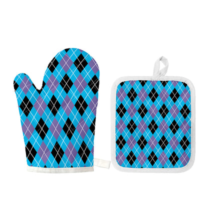 Blue Black And Purple Argyle Print Oven Mitt And Pot Holder Set